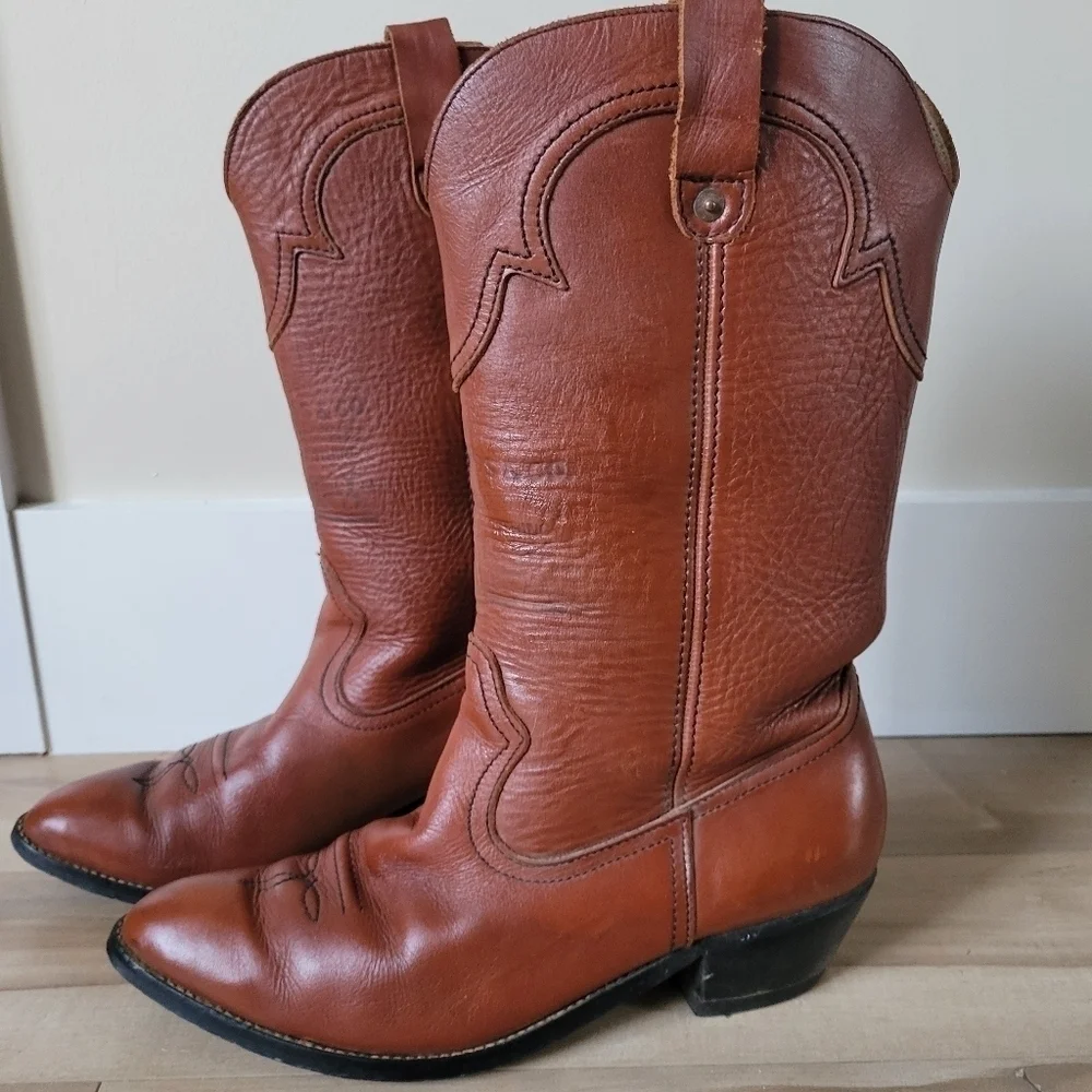 Vintage Men's Leather Levi's Cowboy Western Boots Cognac Brown Orange Tab Sz 10 - Picture 3 of 12